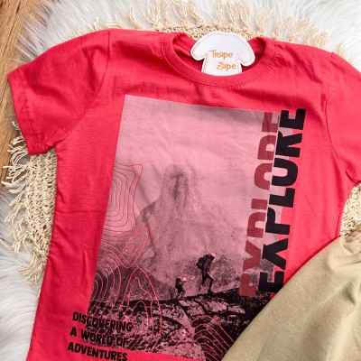 Conj. Camiseta Explorer e Bermuda - Coral e Areia